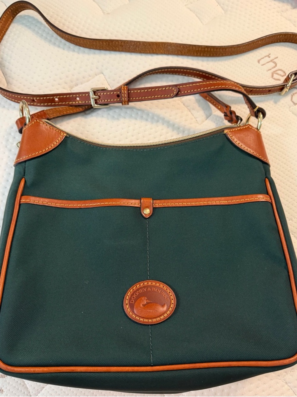 Dooney & Bourke Forest Green Canvas Shoulder Bag with Tan Leather Trim